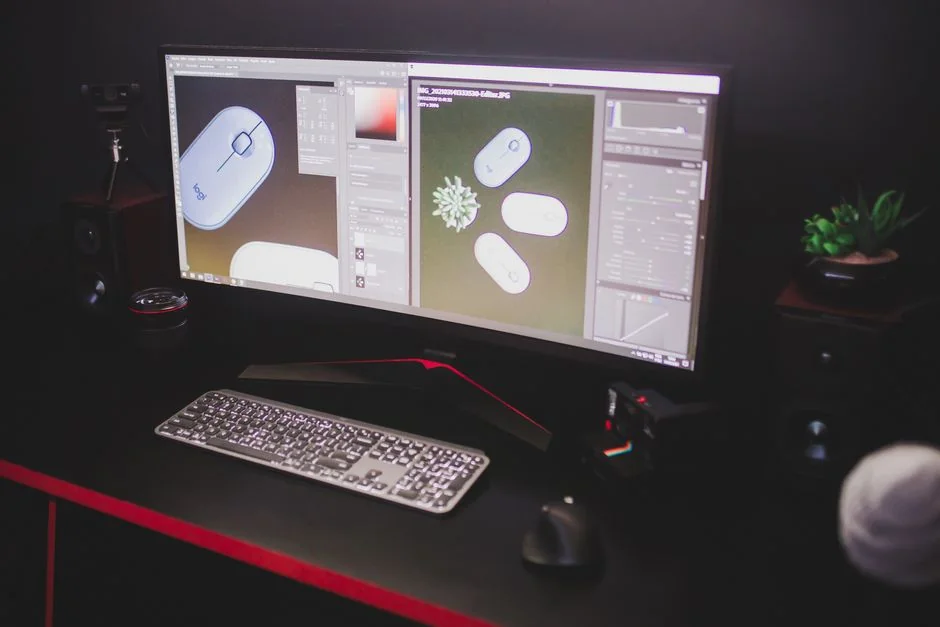 Un espace de travail moderne avec un ordinateur portable, une tablette et des smartphones, parfait pour un usage tech et freelance.